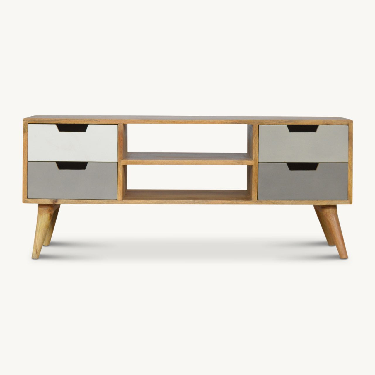modern contemporary media unit with two tone painted grey drawers