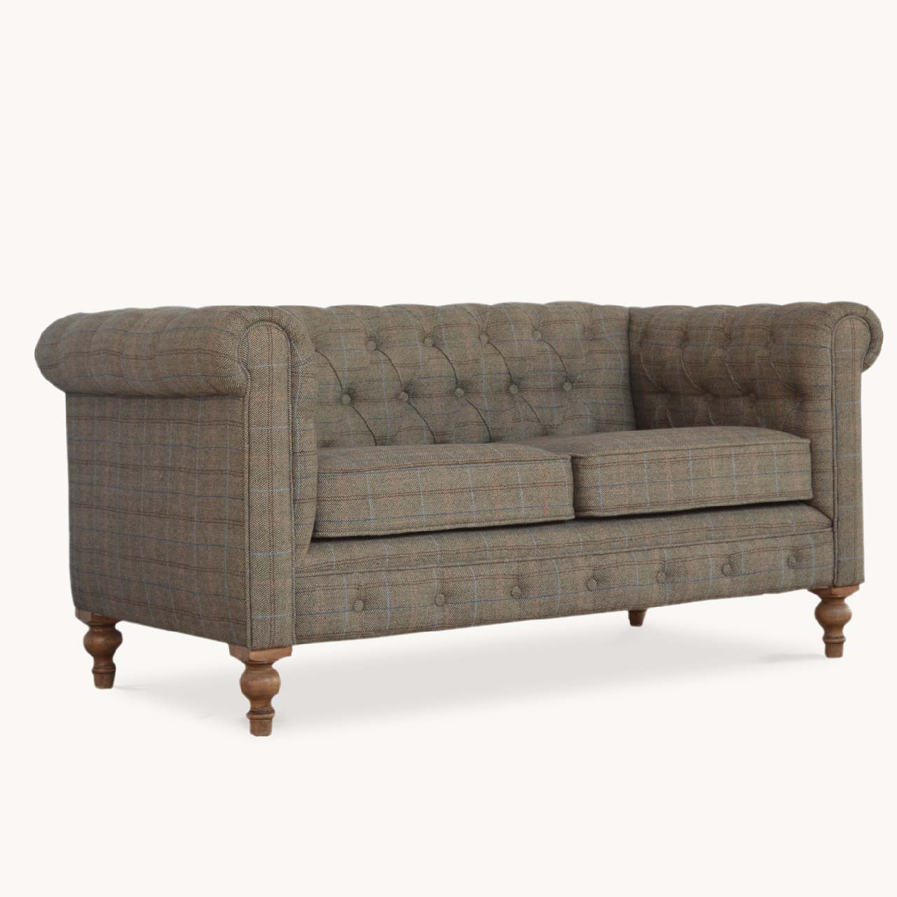 tweed 2 seater Chesterfield sofa front view
