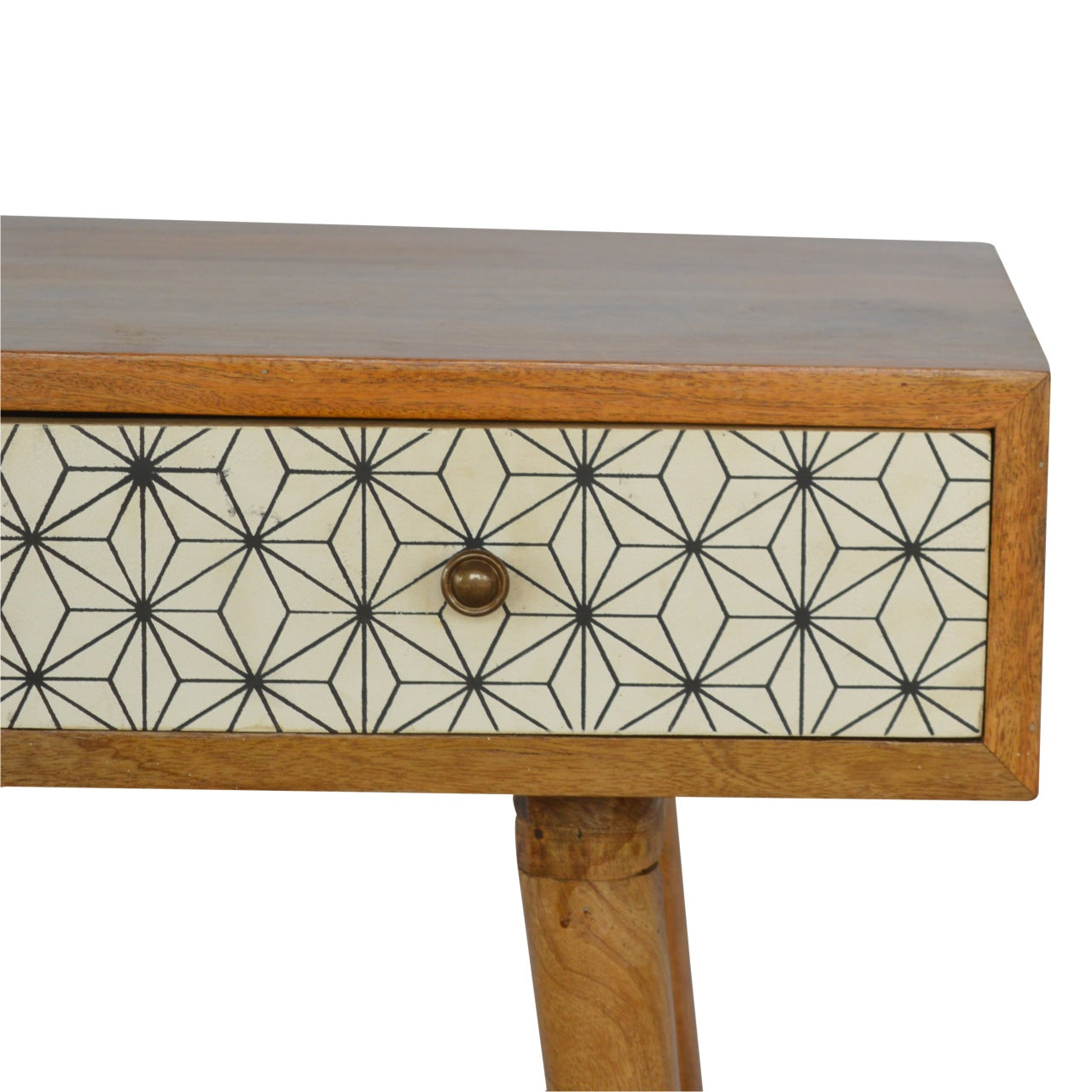 close up of 3 drawer Wooden console table with geometric pattern