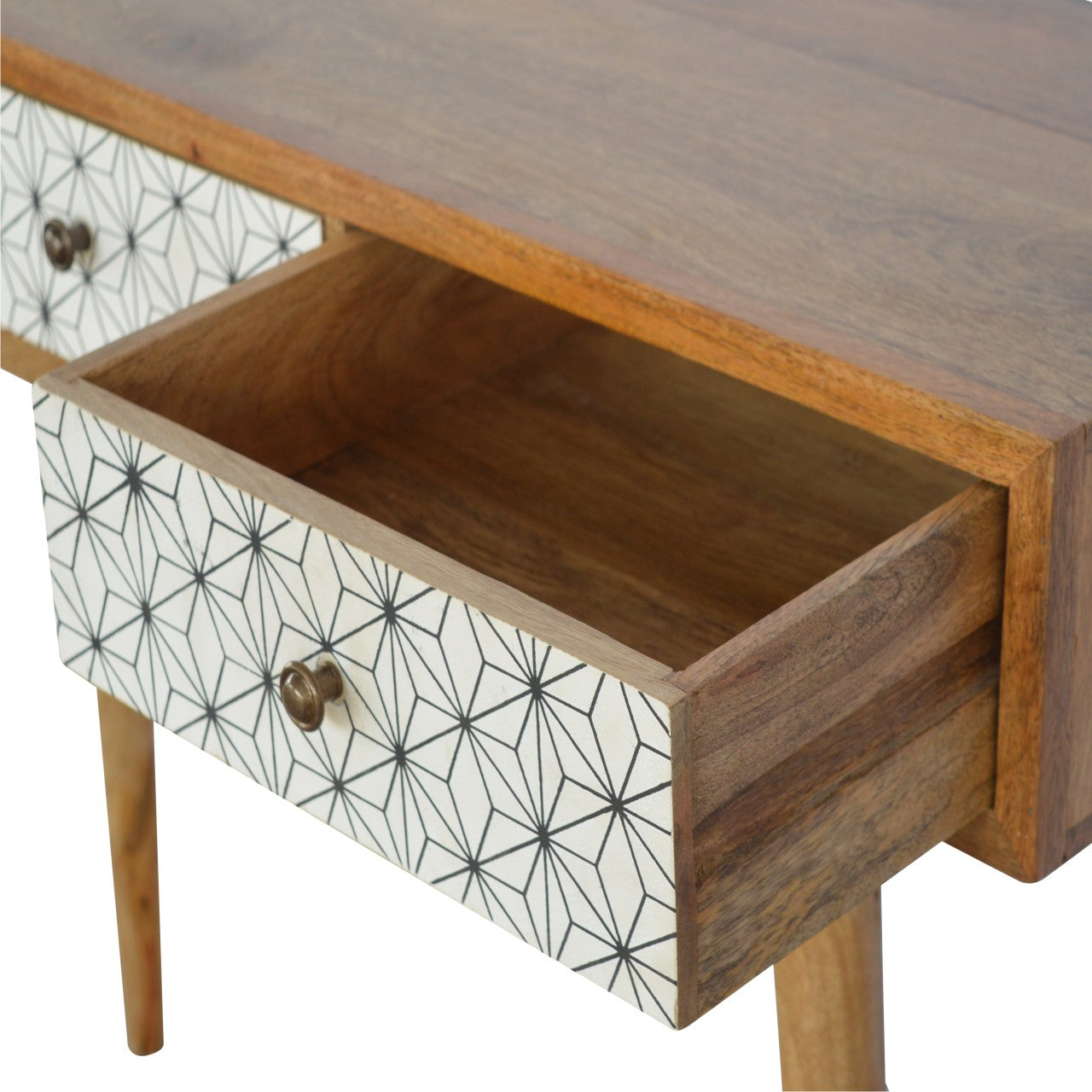 close up of 3 drawer Wooden console table with geometric pattern