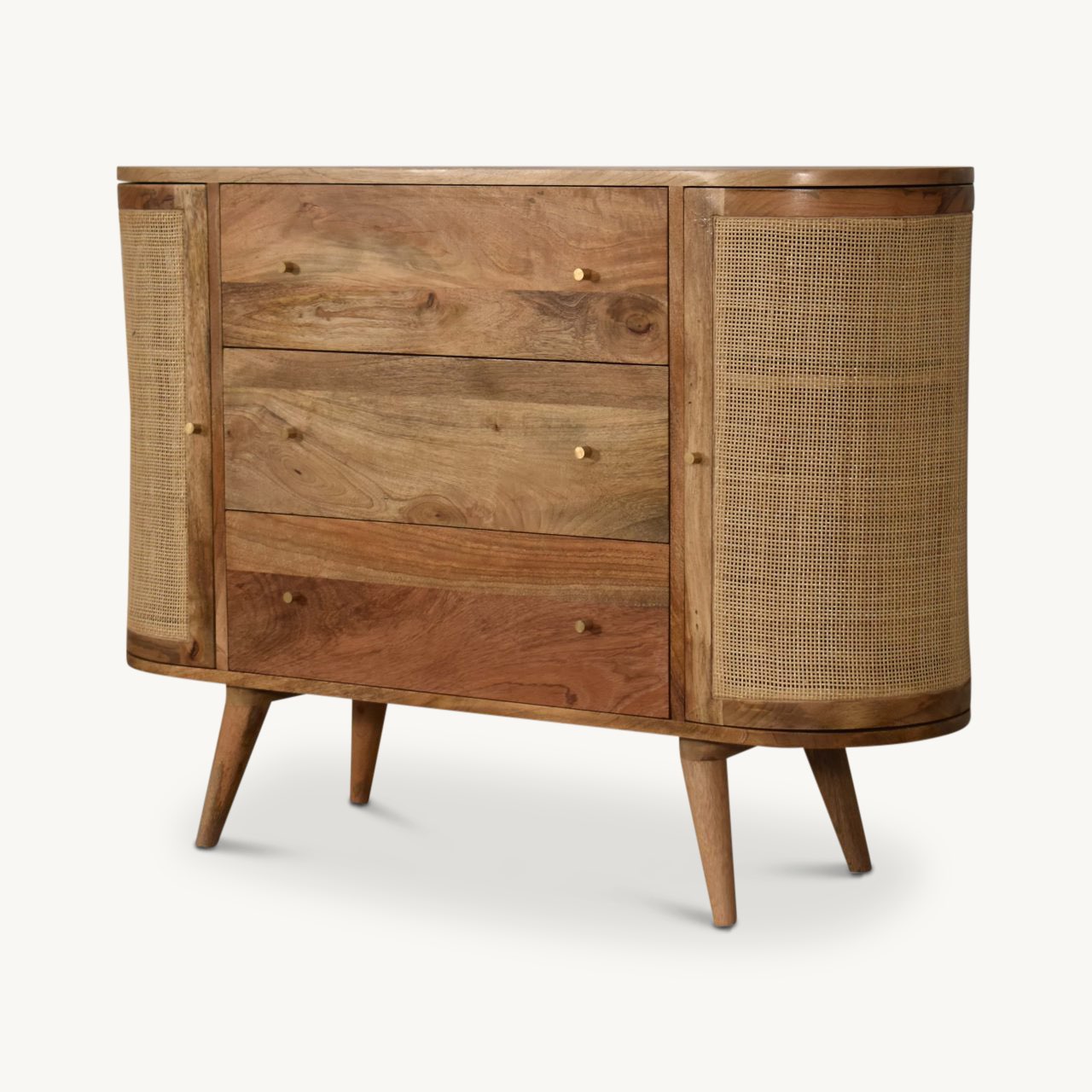 elegant solid wooden cabinet with 3 drawers and rattan doors