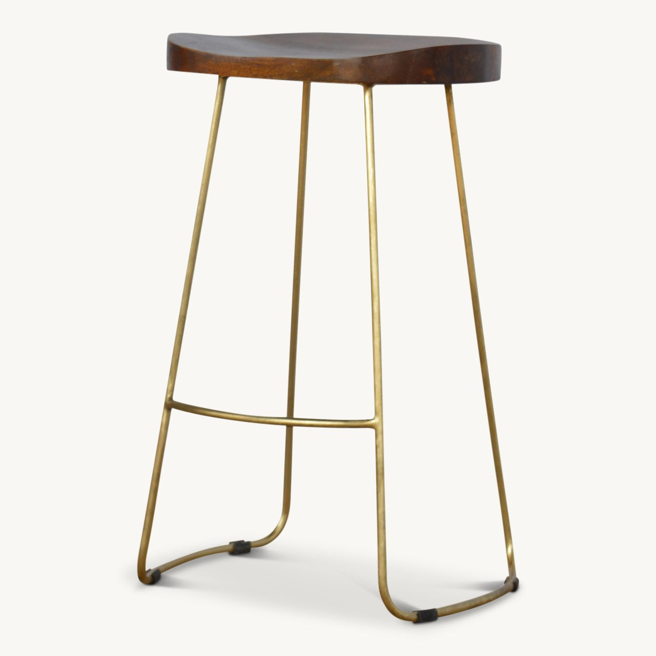 bar stool with carved solid wooden seat and brass legs