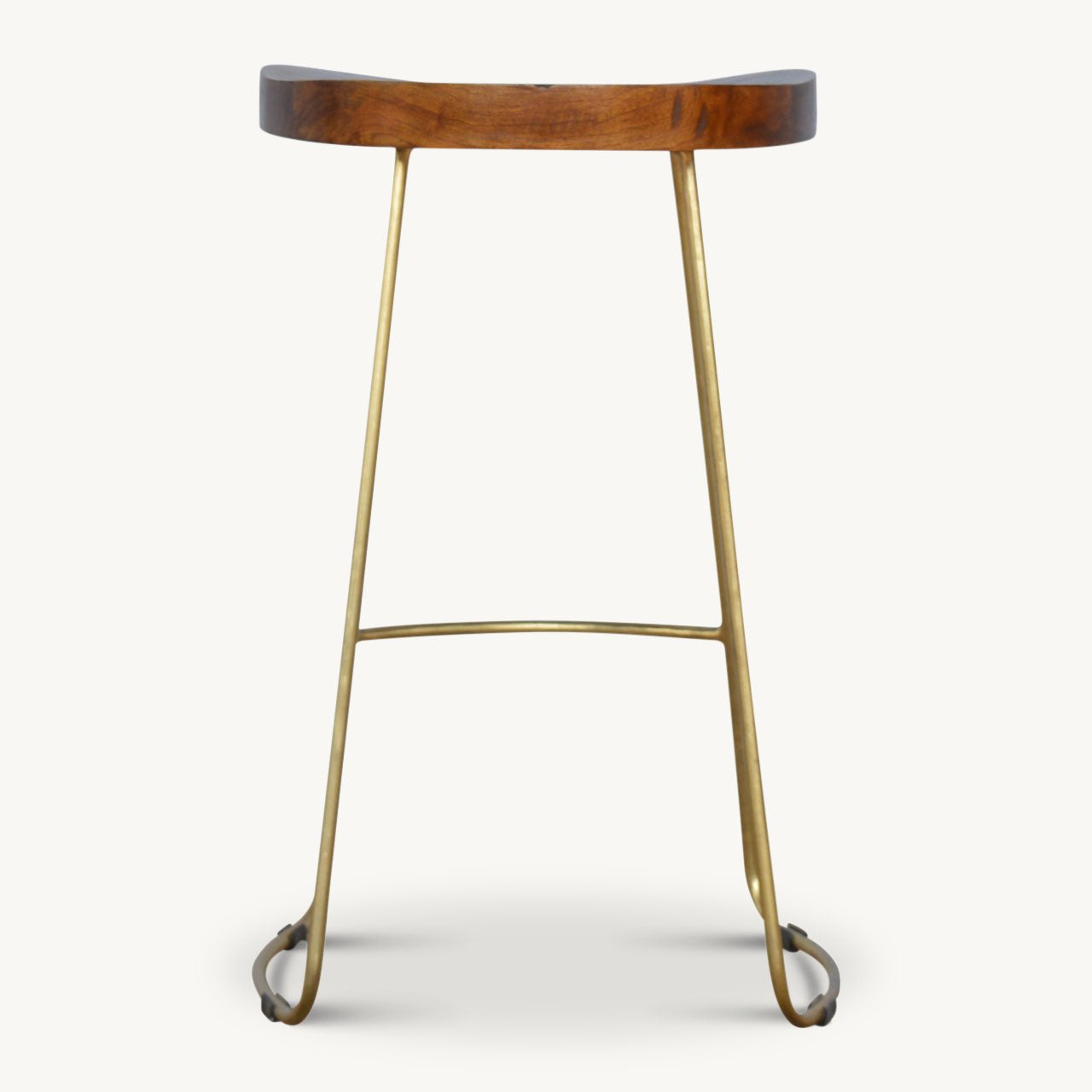 bar stool with carved solid wooden seat and brass legs