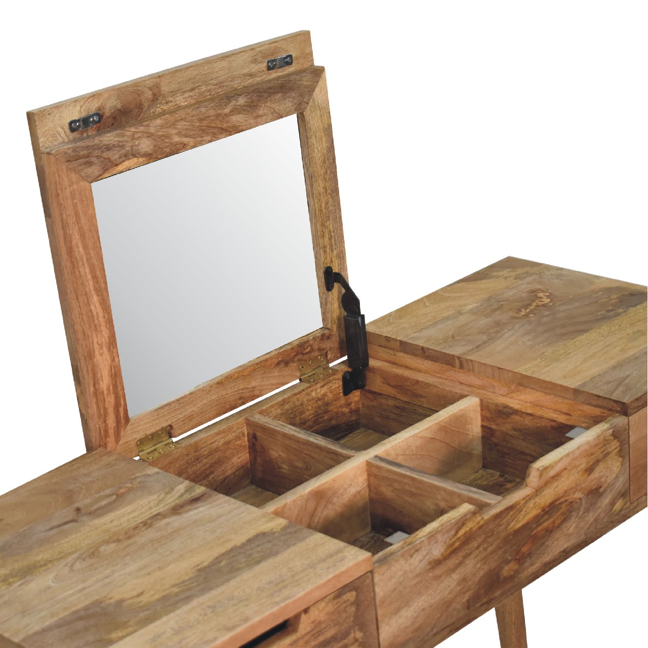 3 drawer simple solid wooden dressing table with fold up mirror