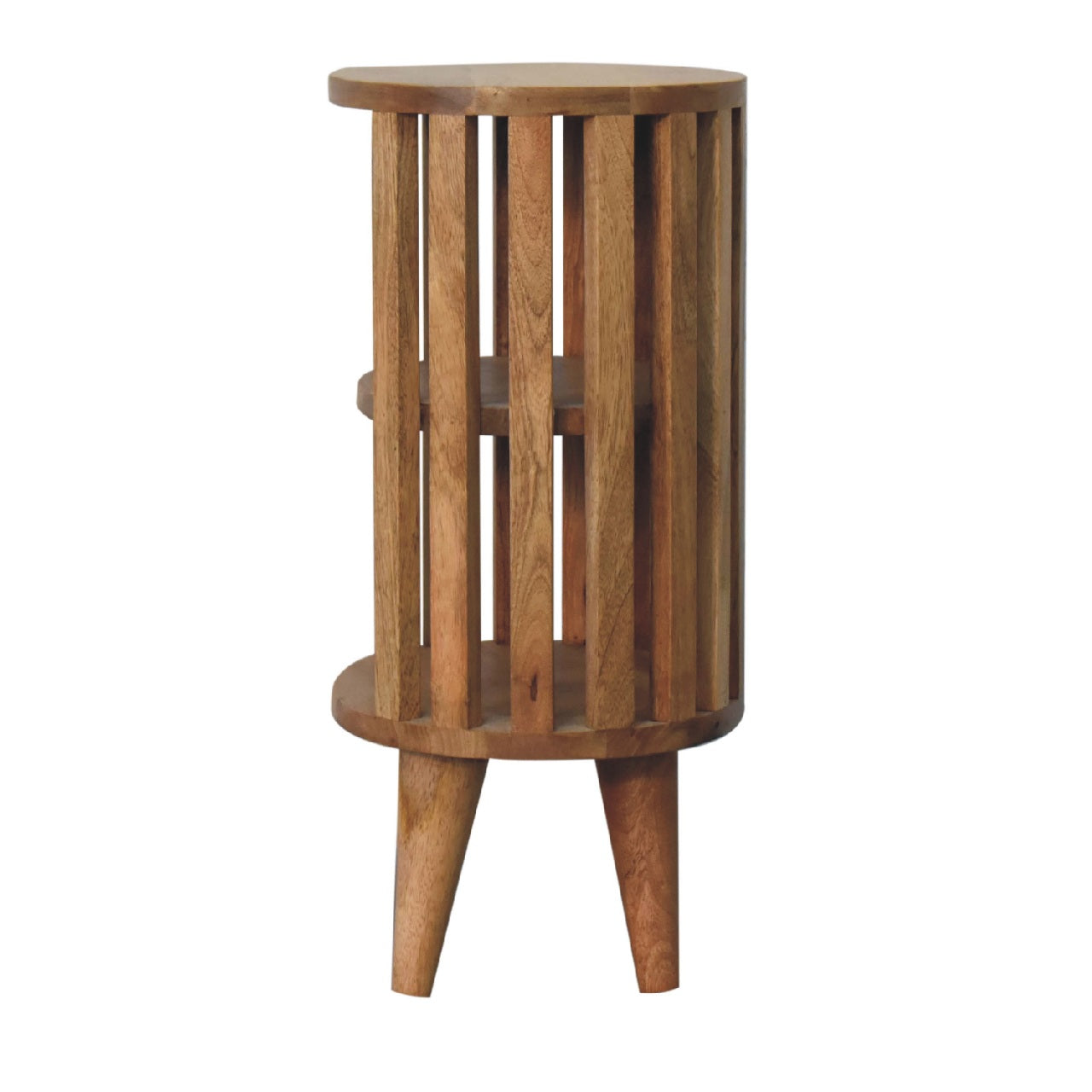 Natural wooden bedside table with slatted design and double shelf