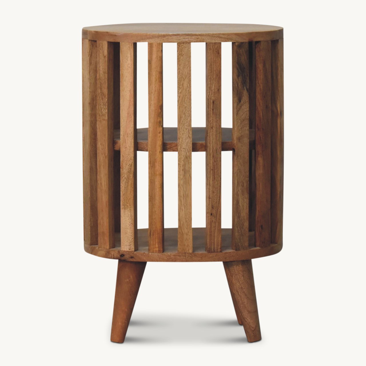 Natural wooden bedside table with slatted design and double shelf