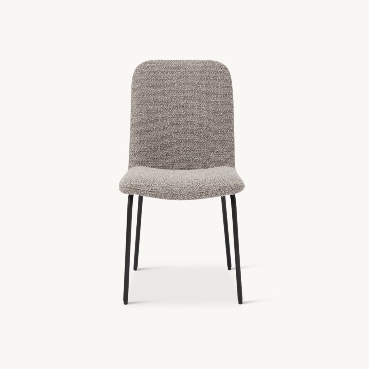 comfortable, simple, modern dining chair upholstered in grey boucle fabric 
