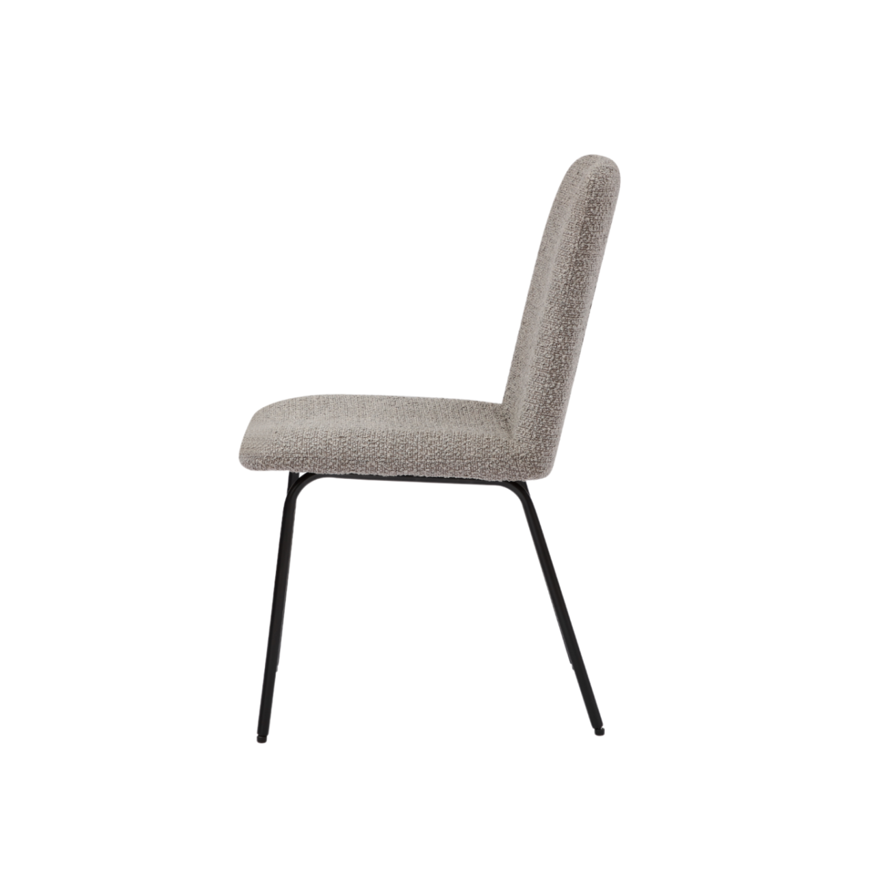 side view of comfortable, simple, modern dining chair upholstered in grey boucle fabric 