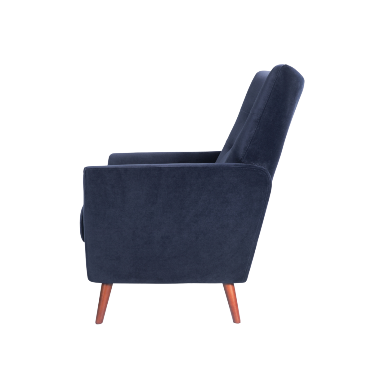 side view of modern button backed armchair upholstered in midnight blue velvet