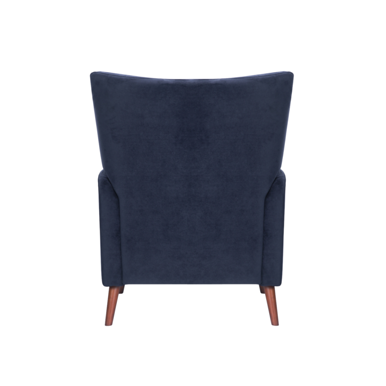 back view of modern button backed armchair upholstered in midnight blue velvet