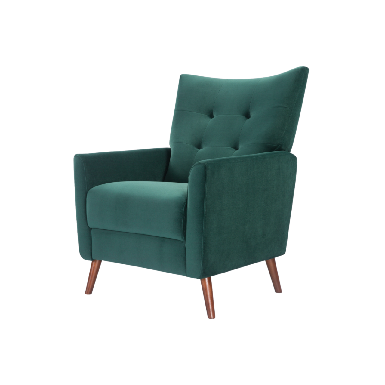 modern button backed armchair upholstered in emerald green velvet