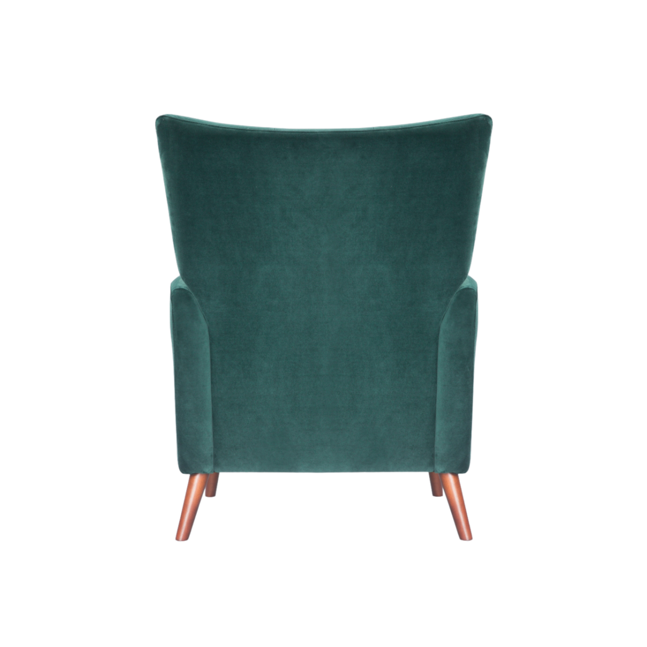 back view of modern button backed armchair upholstered in emerald green velvet