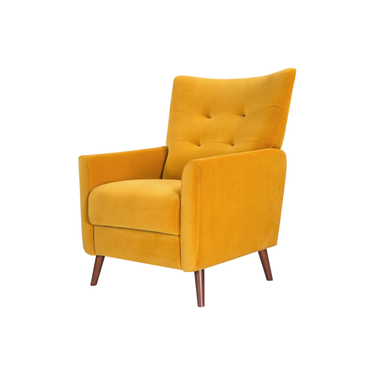 modern button backed armchair upholstered in mustard velvet