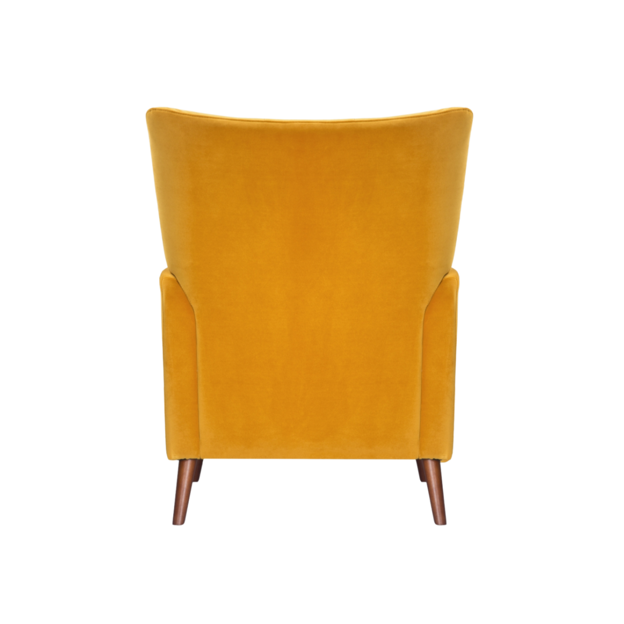 back view of modern button backed armchair upholstered in mustard velvet