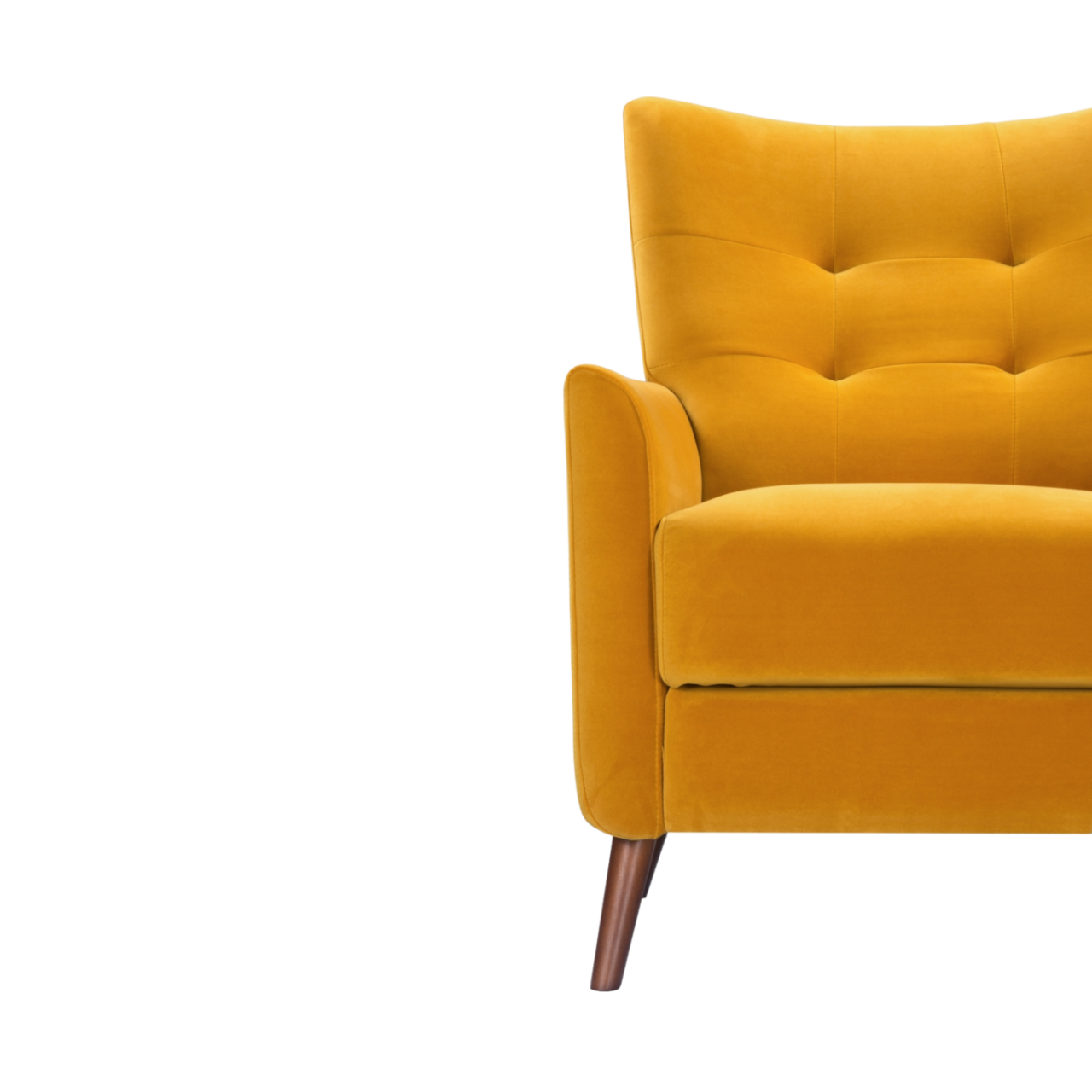 detail of modern button backed armchair upholstered in mustard velvet