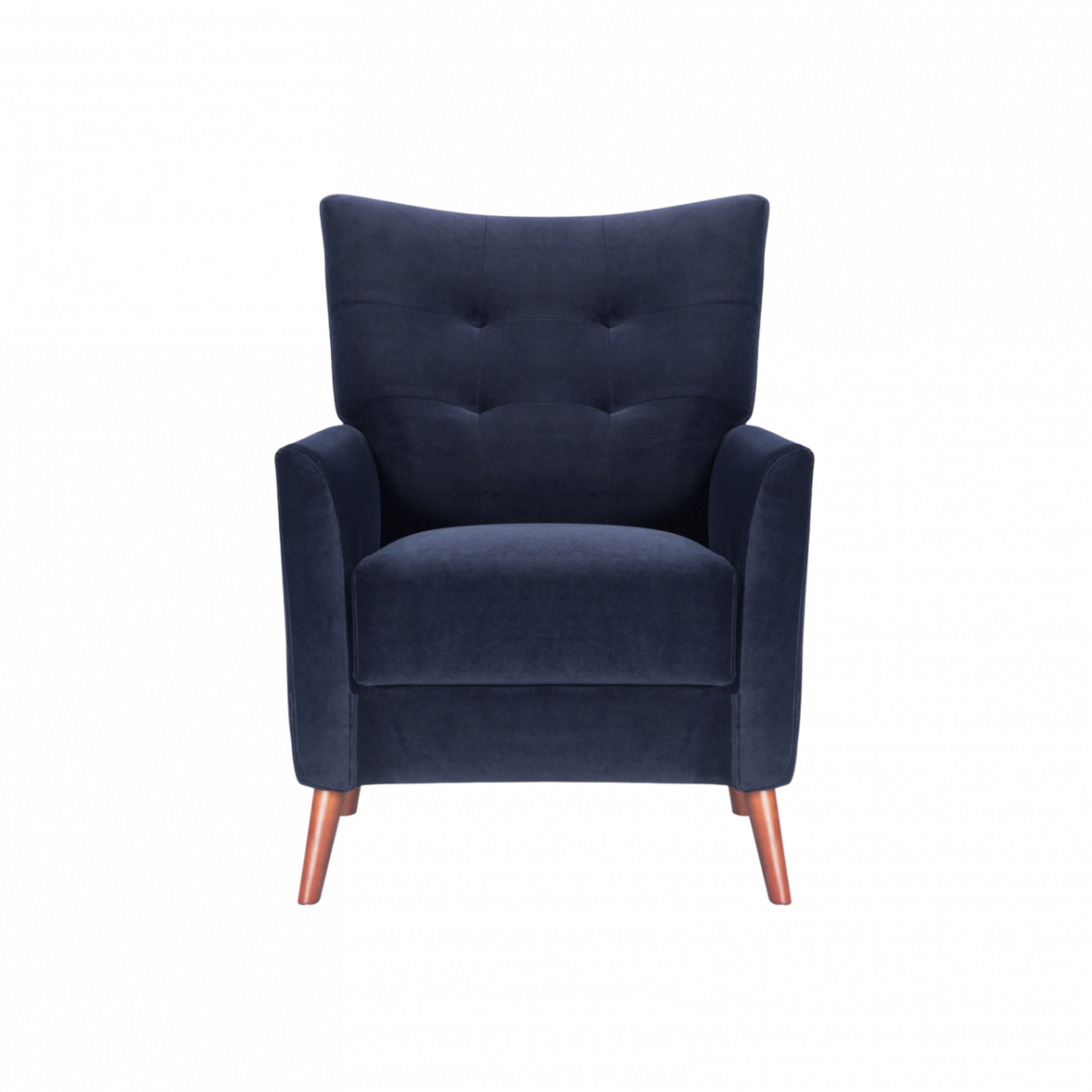 modern button backed armchair upholstered in midnight blue velvet