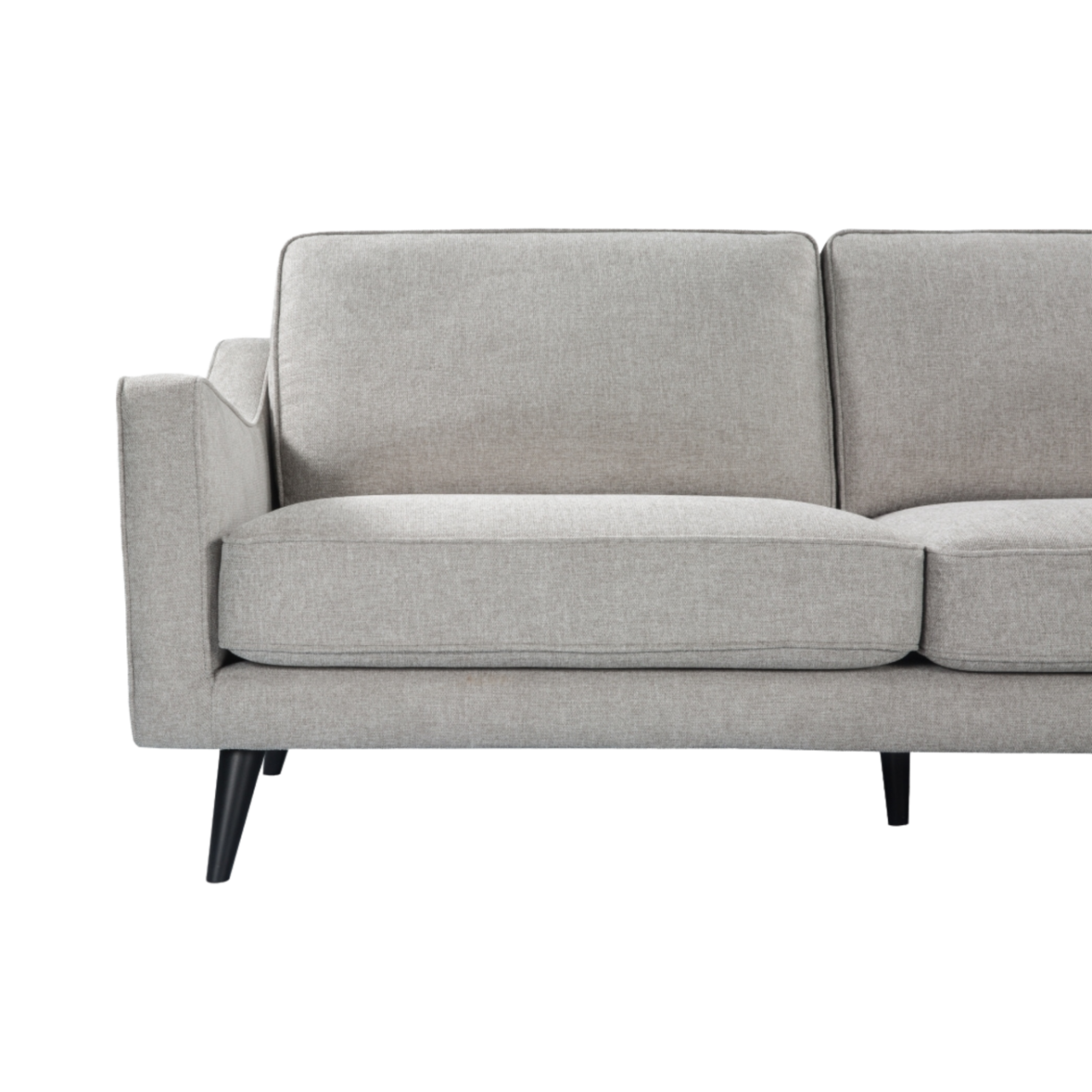 detail of simple, modern upholstered 2.5 seater sofa in stone linen