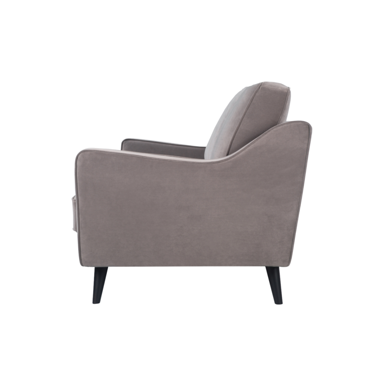 side view of detail of simple, modern 2.5 seater sofa upholstered  in stone grey velvet
