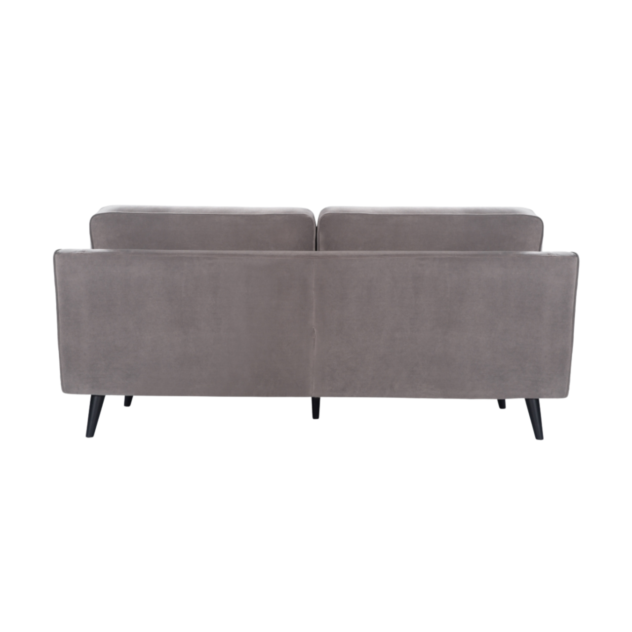 back view of detail of simple, modern 2.5 seater sofa upholstered  in stone grey velvet