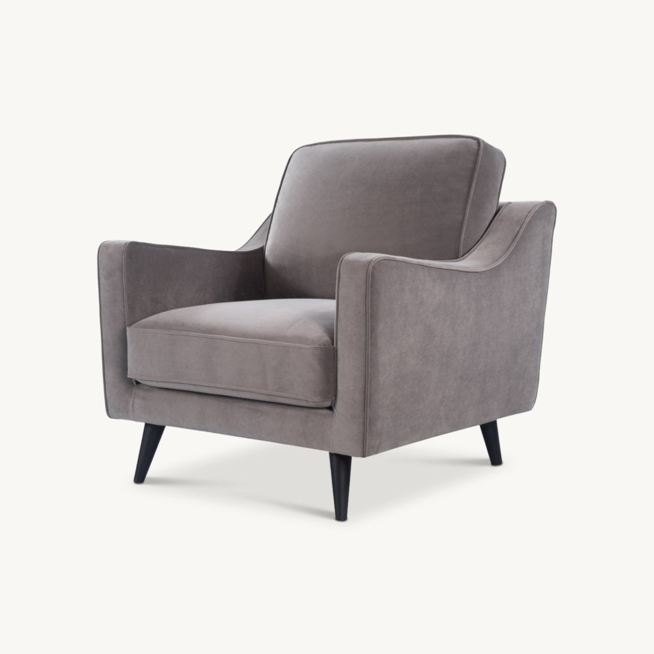 compact, modern armchair in stone grey velvet