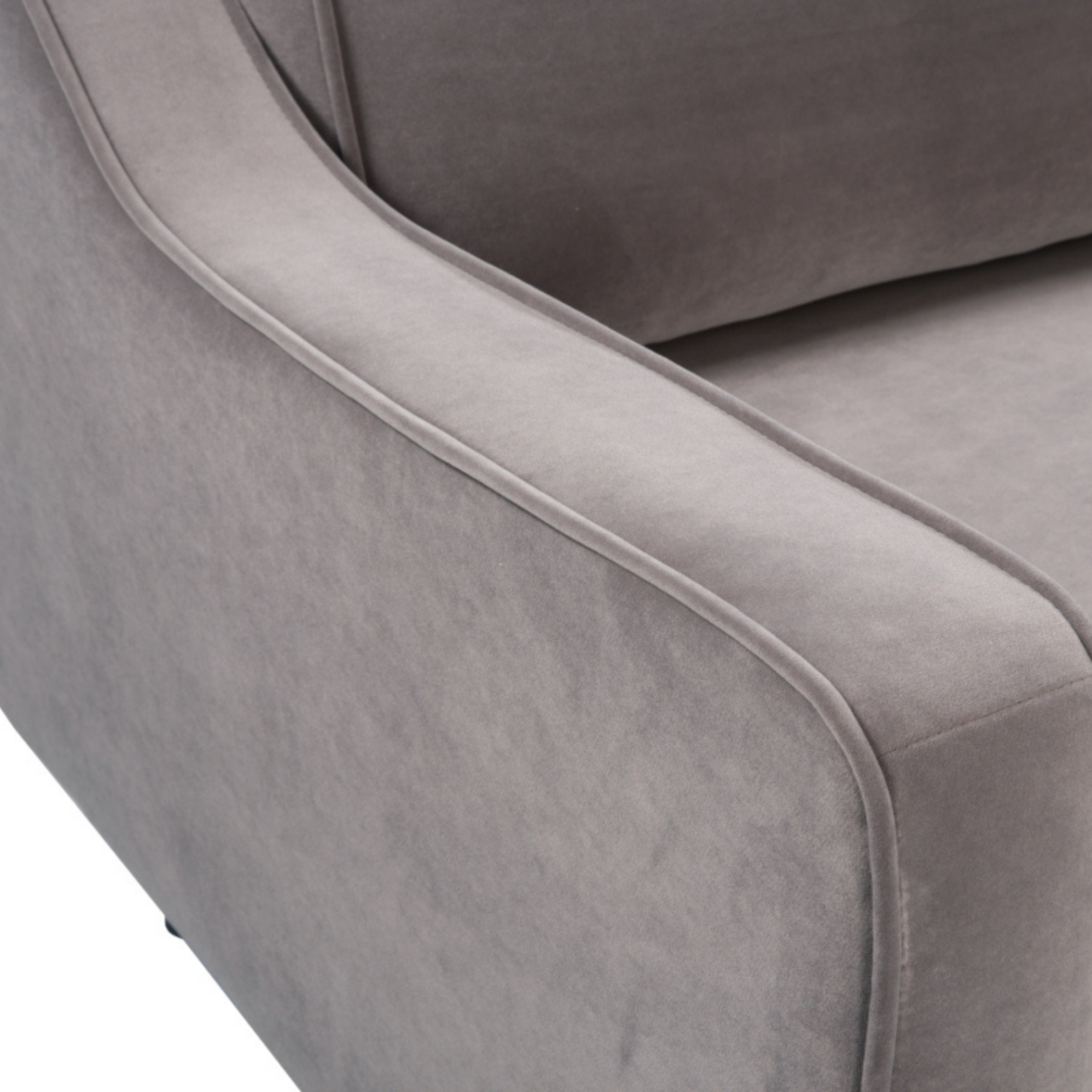 detail of detail of simple, modern 2.5 seater sofa upholstered  in stone grey velvet
