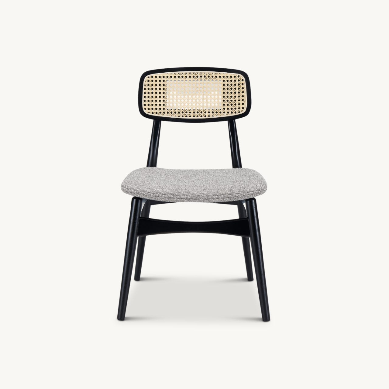 Midcentury modern design dining chair with upholstered seat and rattan back detail