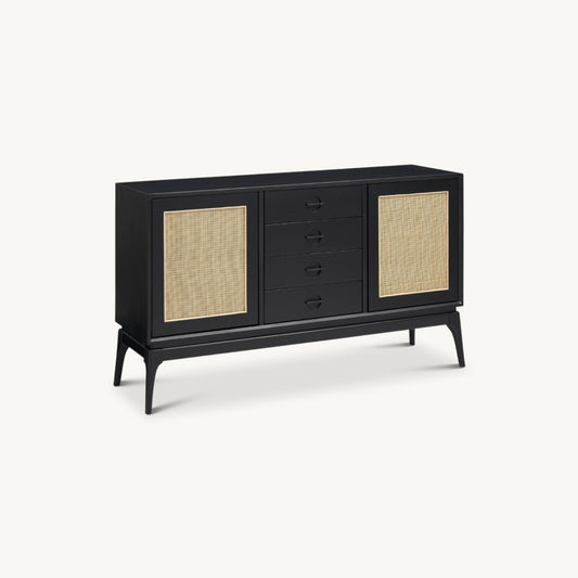 black sideboard with rattan weave door fronts and 4 drawers