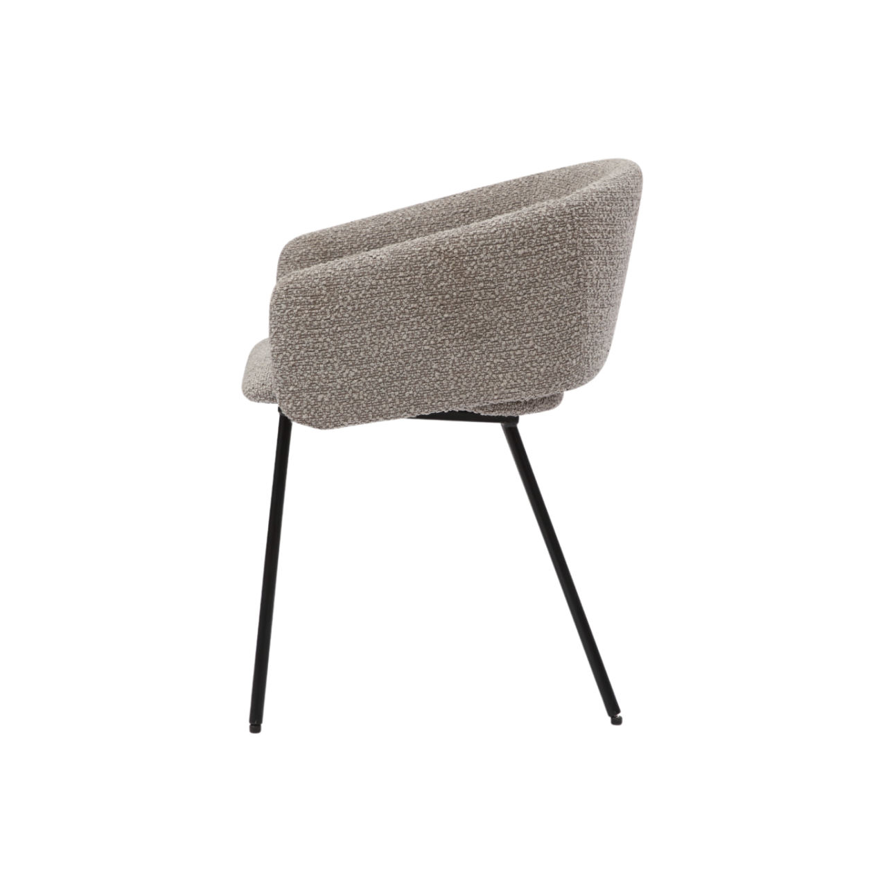 side view of upholstered curved dining chair in boucle fabric