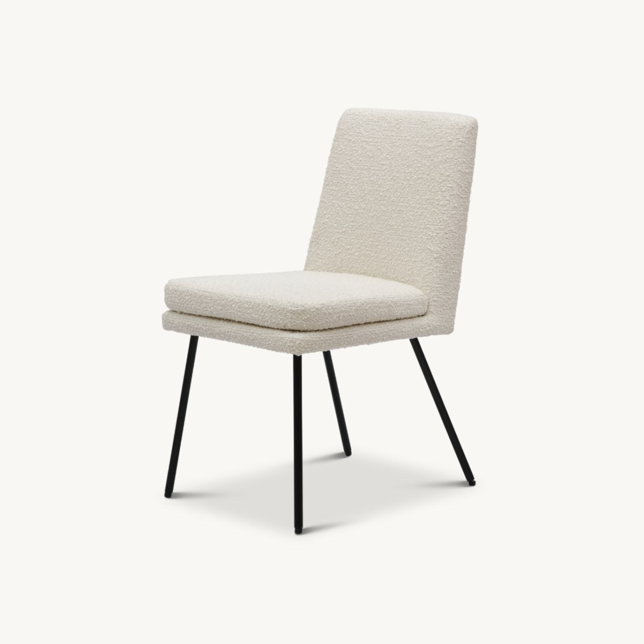 comfortable, fully upholstered minimal dining chair in ivory boucle fabric