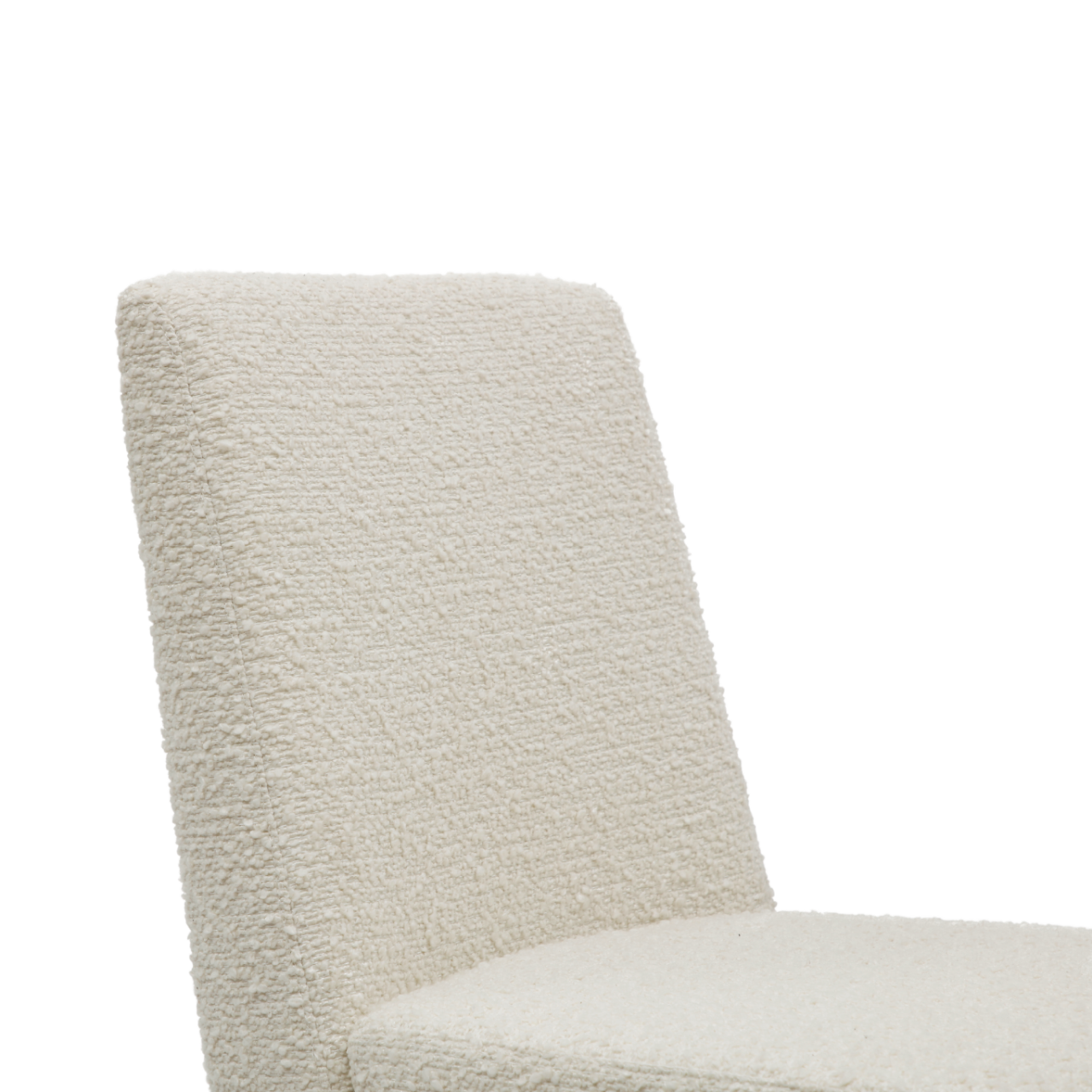 detail of comfortable, fully upholstered minimal dining chair in ivory boucle fabric