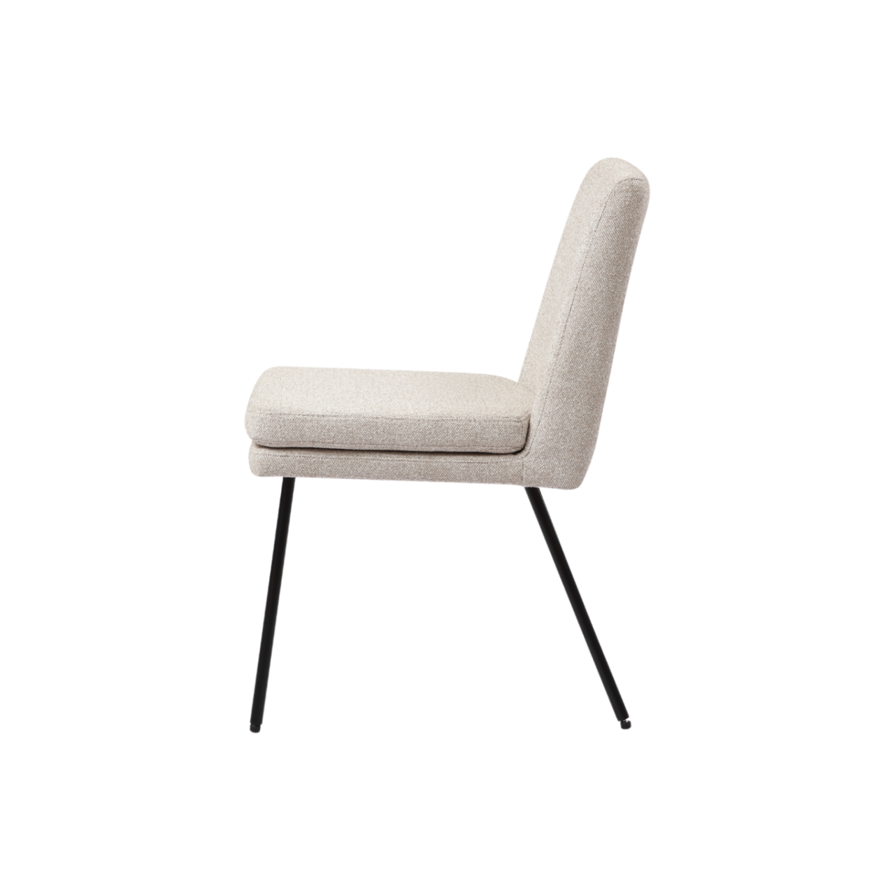 side view of comfortable, fully upholstered minimal dining chair in mink flat weave fabric