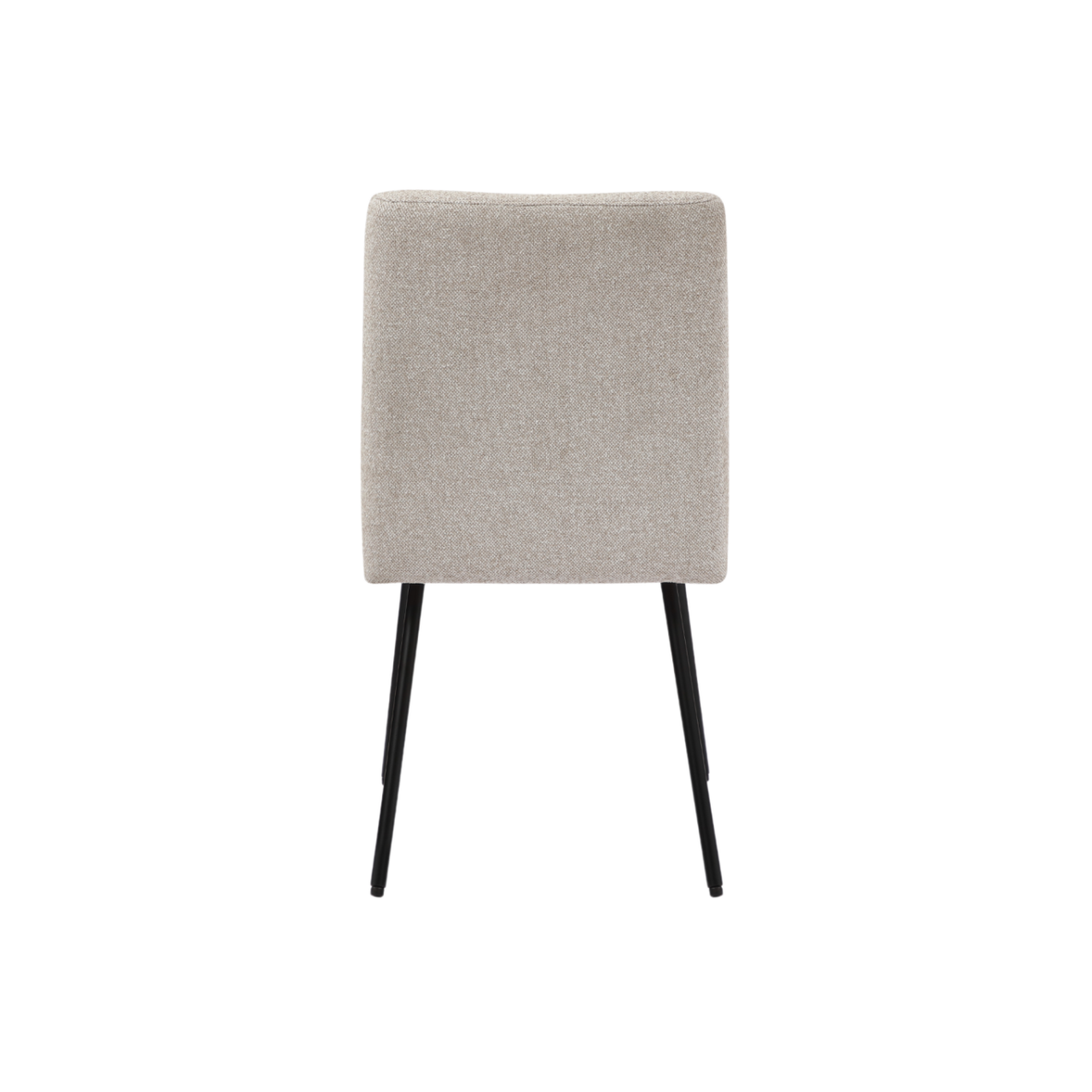 back view of comfortable, fully upholstered minimal dining chair in mink flat weave fabric