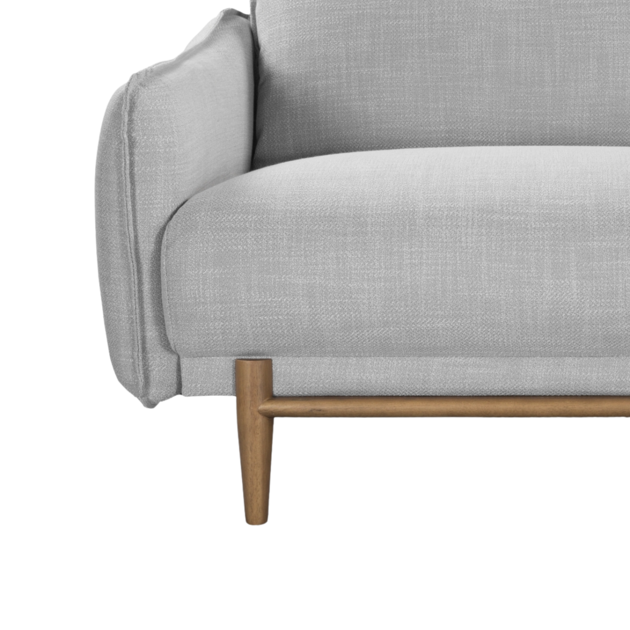 detail view of modern comfy 3 seater sofa upholstered in grey linen fabric