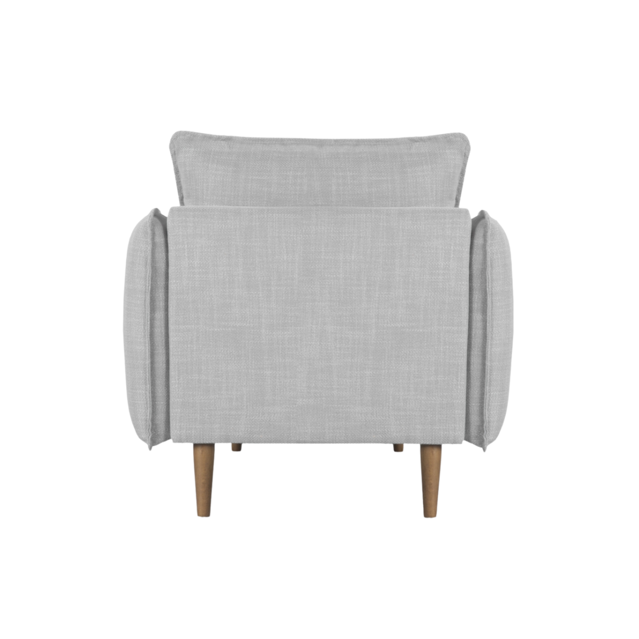 back view of modern designer armchair in grey linen upholstery