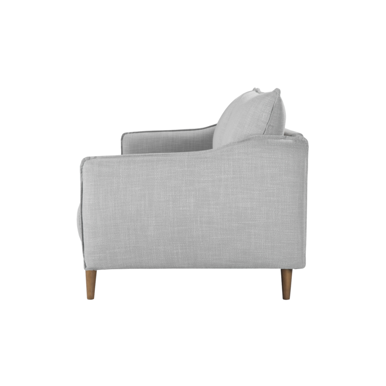 side view of Simple, modern 2 seater sofa upholstered in grey linen fabric