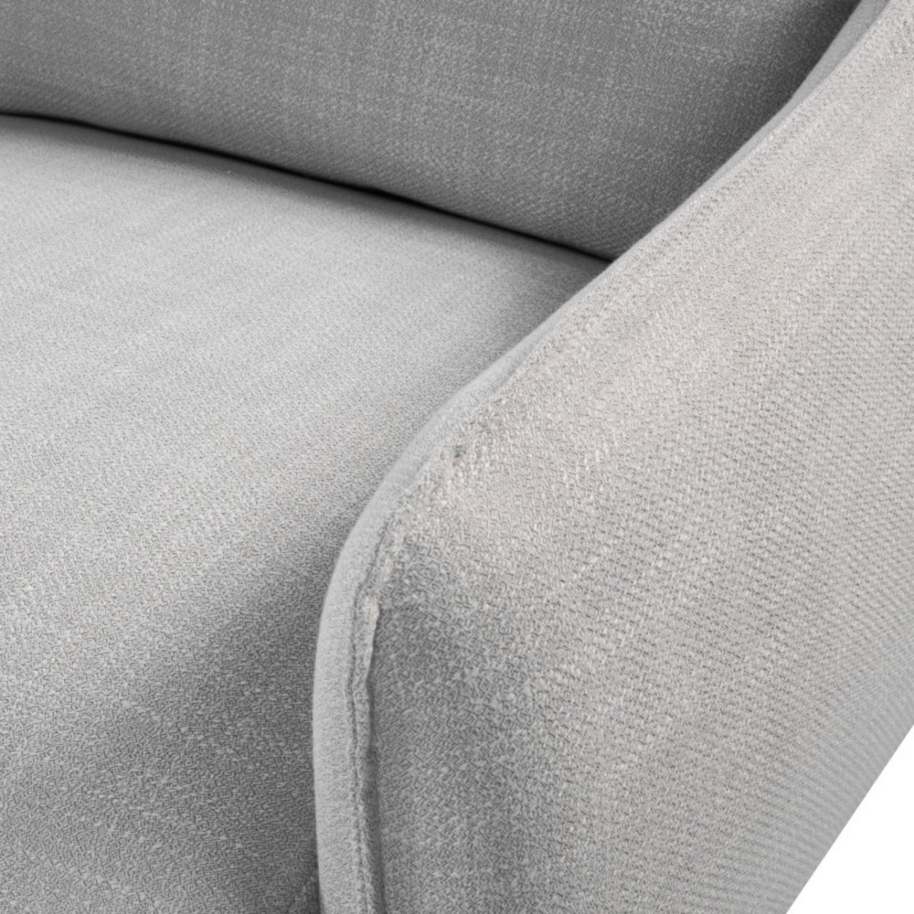 detail view of Simple, modern 2 seater sofa upholstered in grey linen fabric