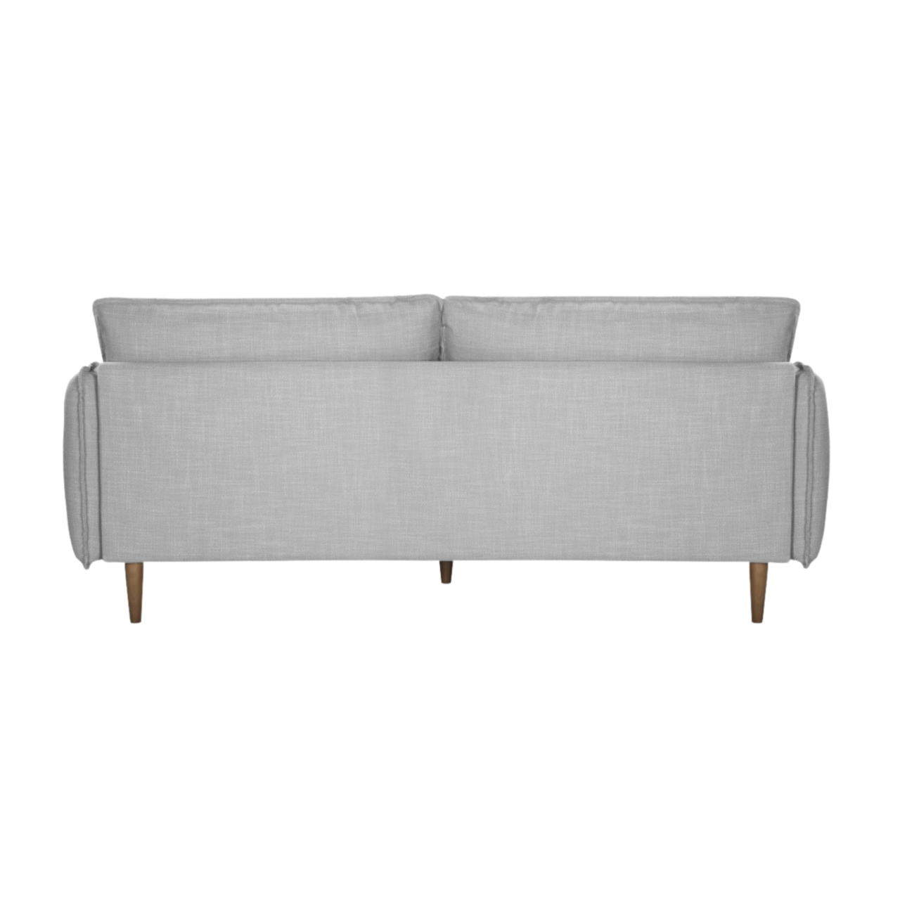 back view of modern comfy 3 seater sofa upholstered in grey linen fabric