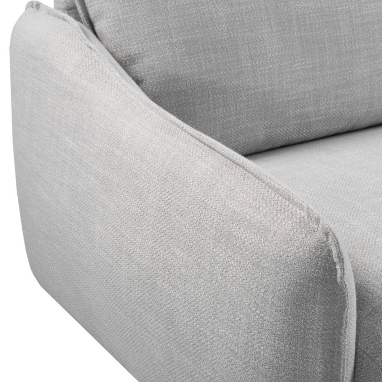 detail view of modern comfy 3 seater sofa upholstered in grey linen fabric