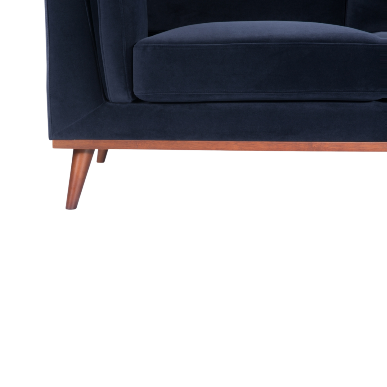 detail of Simple, modern shaped 2 seater sofa in midnight blue velvet upholstery