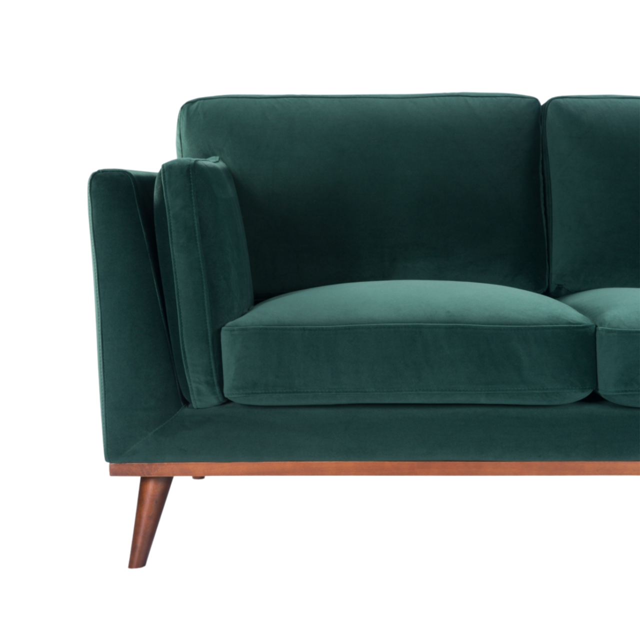 detail of detail of Simple, modern shaped 2 seater sofa in emerald green velvet upholstery