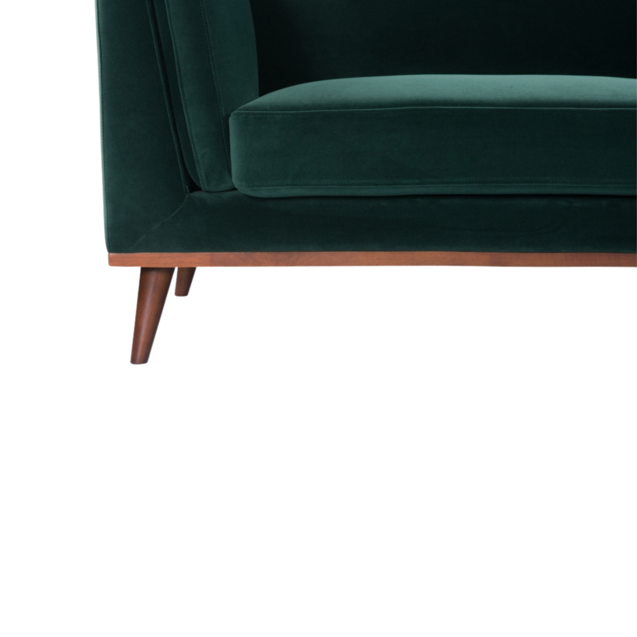 detail of simple modern 3 seater sofa in emerald green velvet