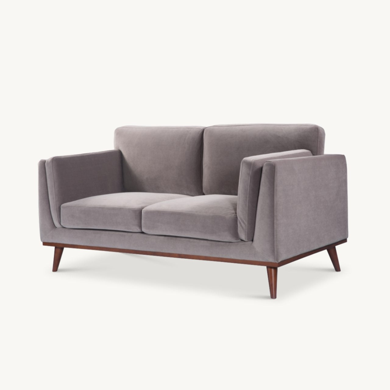Simple, modern shaped 2 seater sofa in stone grey velvet upholstery