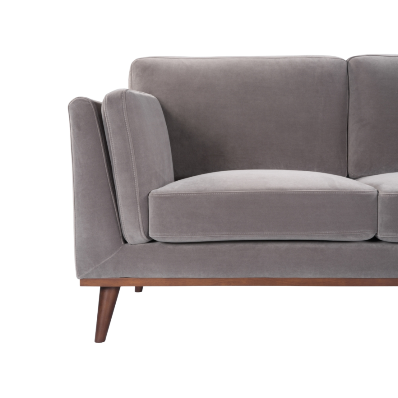 detail view of Simple, modern shaped 2 seater sofa in stone grey velvet upholstery