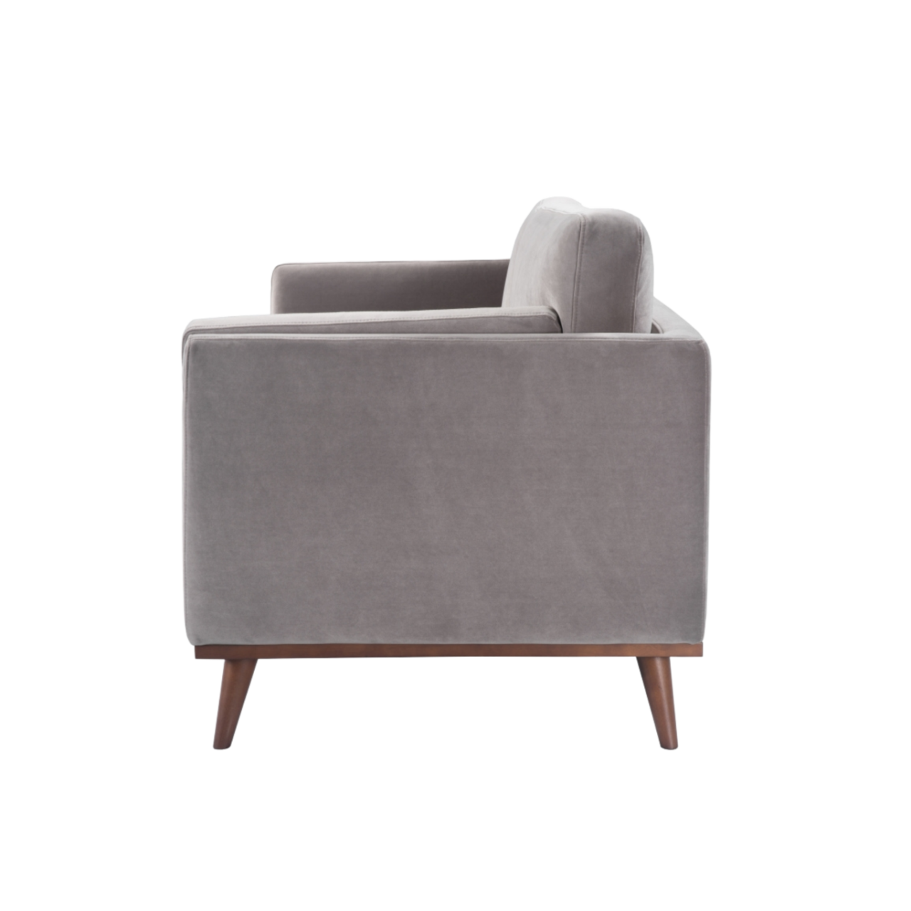 side view of simple modern 3 seater sofa in stone grey velvet upholstery