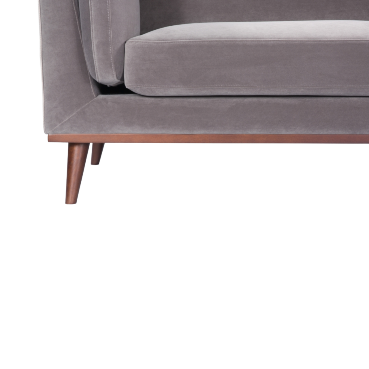 detail of simple modern 3 seater sofa in stone grey velvet upholstery