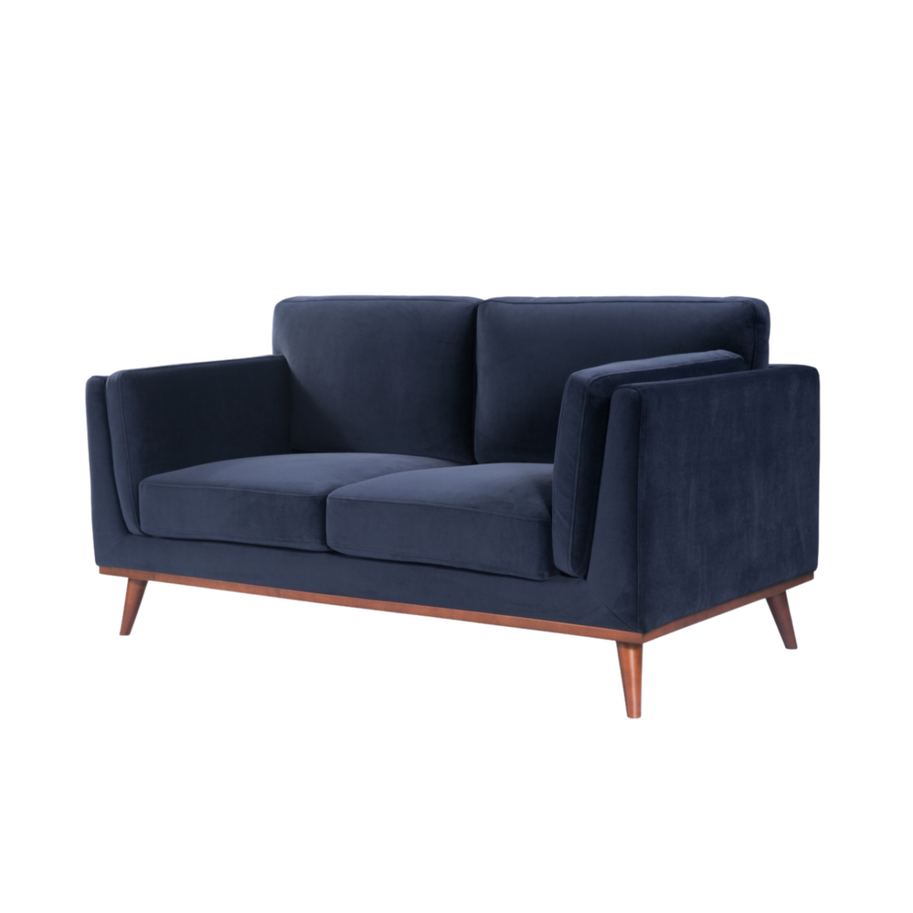 Simple, modern shaped 2 seater sofa in midnight blue velvet upholstery