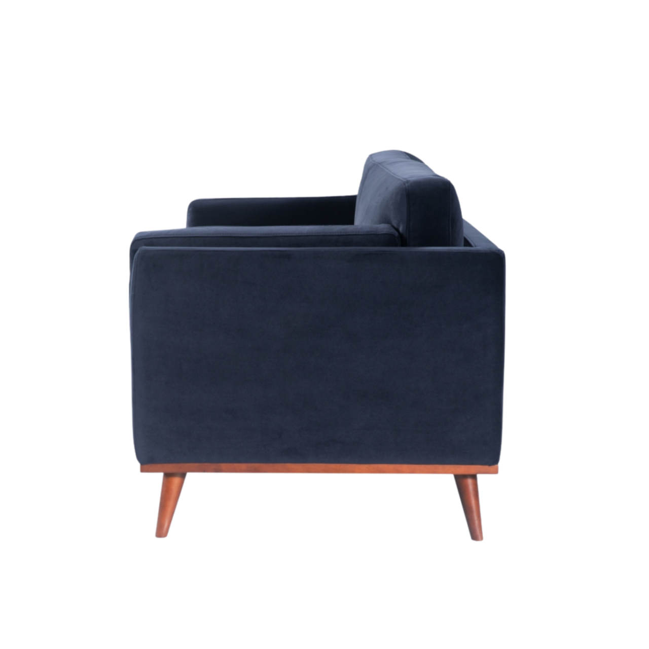 side view of Simple, modern shaped 2 seater sofa in midnight blue velvet upholstery