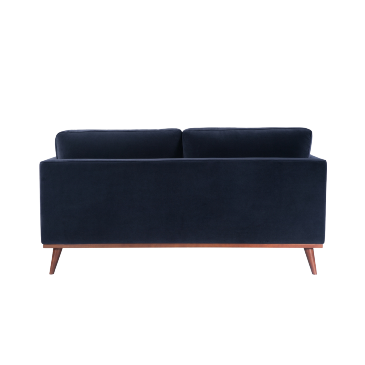 back view of Simple, modern shaped 2 seater sofa in midnight blue velvet upholstery
