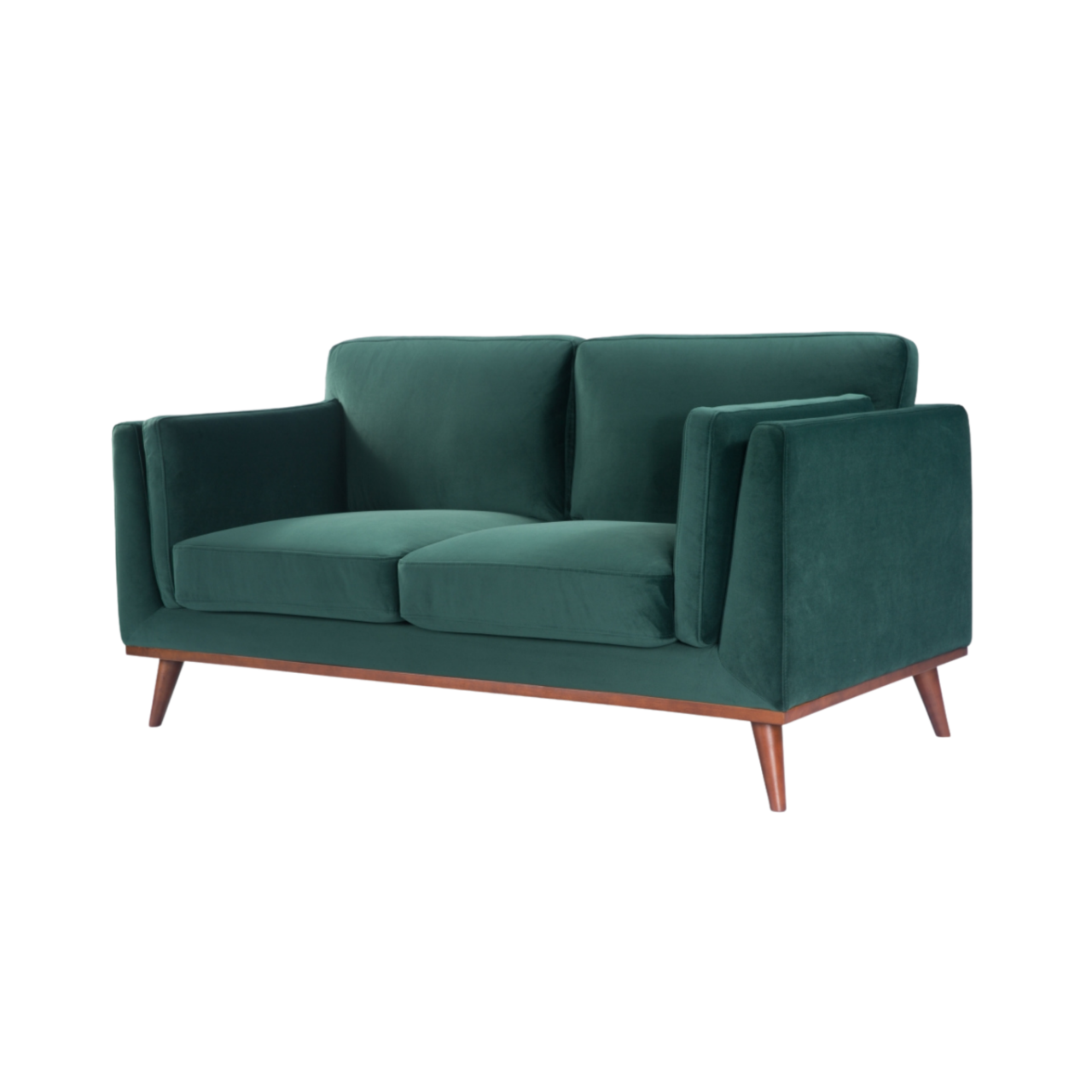 detail of Simple, modern shaped 2 seater sofa in emerald green velvet upholstery