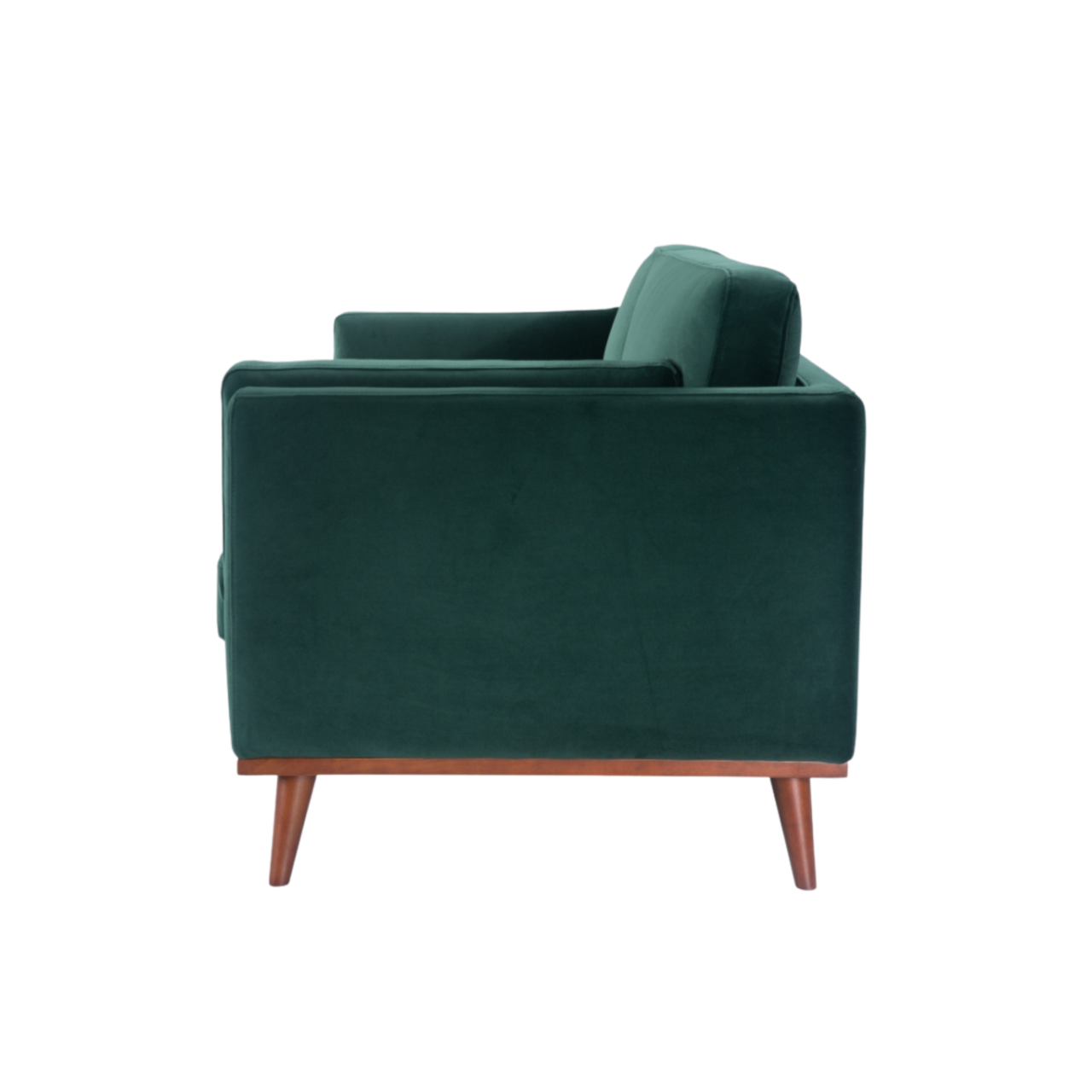 side view of detail of Simple, modern shaped 2 seater sofa in emerald green velvet upholstery